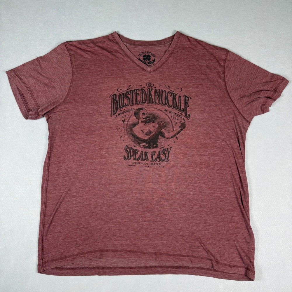Lucky Brand Mens XL Busted Knuckle Speakeasy V-Neck Graphic T-Shirt Burgundy Red